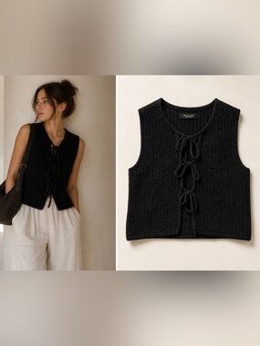 Massimo Dutti Black Textured Knit Tie Front Vest Top S Minimalist Quiet Luxury